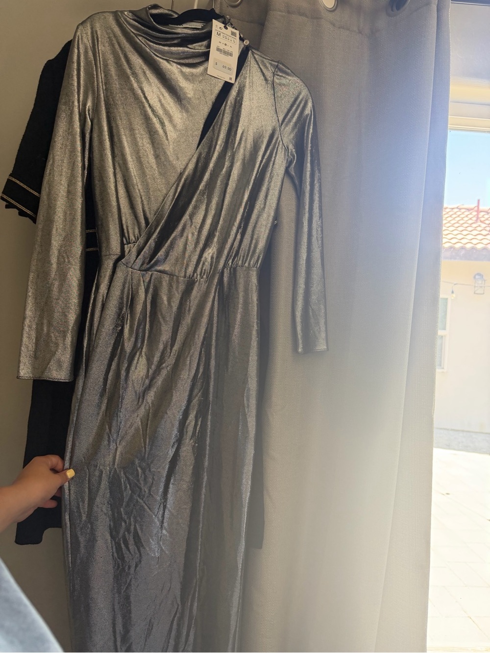 Zara Metallic Silver Long Sleeve Wrap Dress